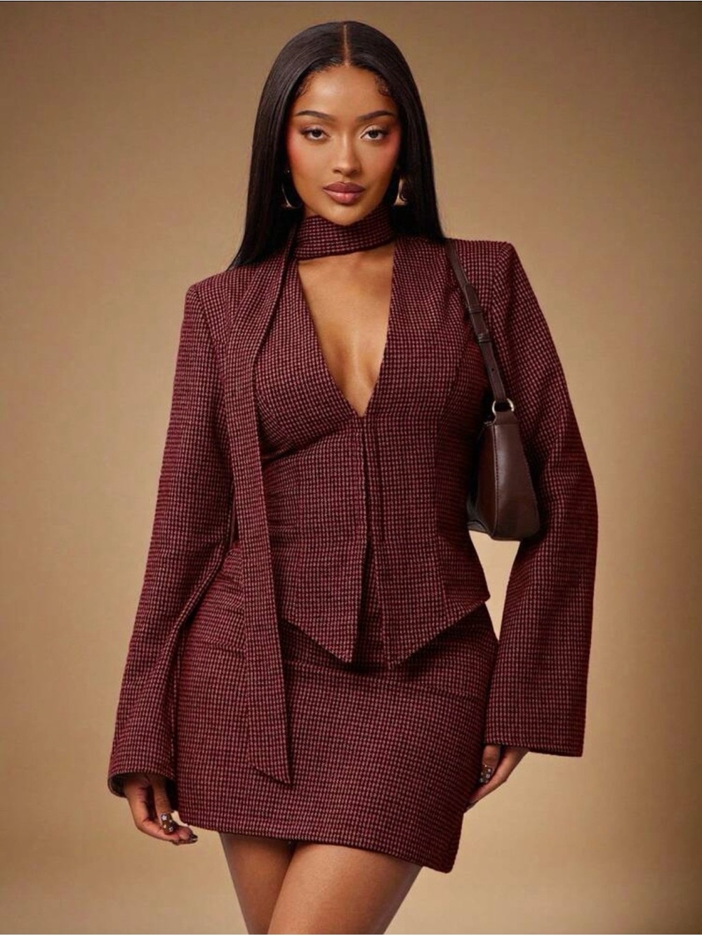 Brand New | Burgundy Checkered Blazer and Skirt Set with Scarf
